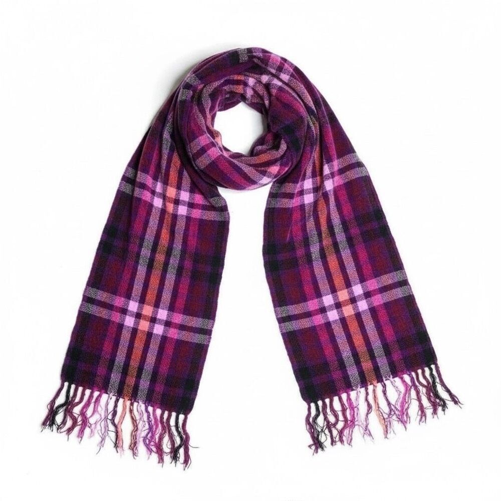 Purple & Pink Velour Plaid Scarf – Soft Cozy Winter Wrap